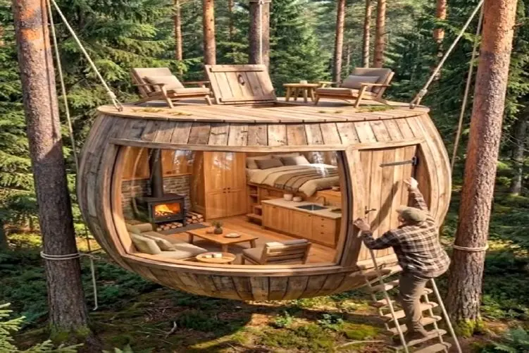 معماری خلاقانه؛ خونه ساخت عین تاب از درخت آویزون کرده با نردبون رفت و آمد میکنه