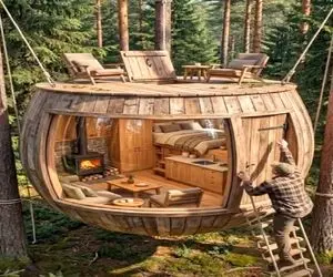 معماری خلاقانه؛ خونه ساخت عین تاب از درخت آویزون کرده با نردبون رفت و آمد میکنه