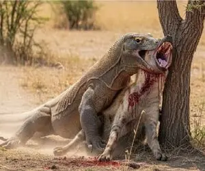 مستند حیات وحش؛ کومودو سفاک کفتار چسبونده به درخت تا نبلعه ول کن نیست