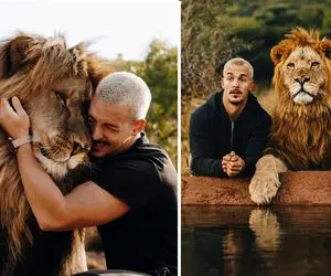 مستند حیات وحش؛ این آقا نه تنها خودش با شیرها رفیقه بچه‌اش هم آورده تا شیر بازی کنه
