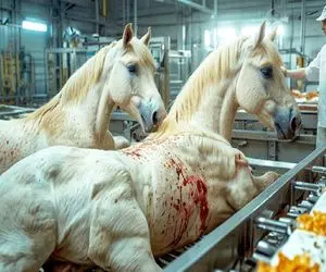 فرآوری اسب؛ اسب سفید درحال احتضار با تیر کشت بعد کارواش له کرد تا کالباس بشن