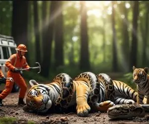 حیات وحش مصنوعی؛ ببر شجاع برای نجات مادرش از دست پیتون غول پیکر کمک میاره