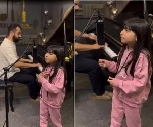 آواز بهشتی؛ آرنیکا کوچولو با ساز پیانو باباش عالم عشق می خونه و همه رو سر حال میاره