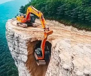 تجهیزات سنگین؛ بیل مکانیکی هوشمند در حال صاف کردن جاده مهلک غلتید ته دره