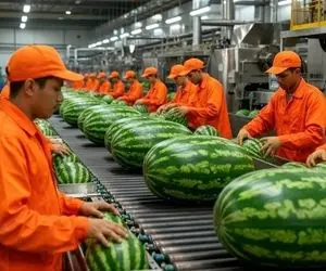 کارخانه هندوانه؛ از زمین هندوانه دستچین می کنند تو کارخانه ویتامین میزنن بهش