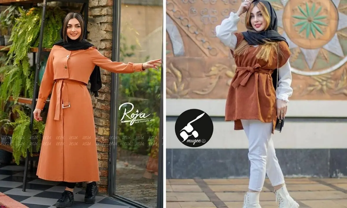 مانتوی آجری با شال یا روسری مشکی