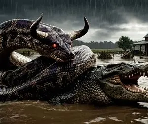 حیات وحش مصنوعی؛ امدادگرا می ترسن برن کروکودیل رو از چنگ مار پیتون خلاص کنن