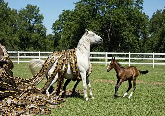 حیات وحش مصنوعی؛ اسب شجاع برای نجات مادرش سفیدش از چنگ انبوه مارها کمک آورد