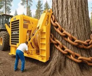 ابزارآلات کوه پیکر؛ بیل مکانیکی غول برا افزایش سرعت قطع درخت زنجیرشو انداخت دورش