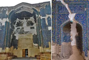 معماری تاریخی؛ مسجد کبود تبریز به رنگ فیروزه که کاشی‌هایش فروریخته اما شکوهش پابرجاست