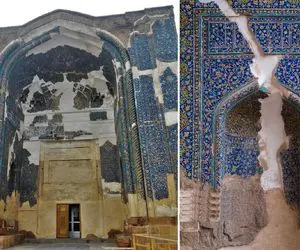 معماری تاریخی؛ مسجد کبود تبریز به رنگ فیروزه که کاشی‌هایش فروریخته اما شکوهش پابرجاست