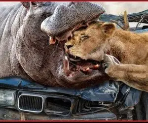 از جذابیت‌های حیات وحش؛ شیر و اسب آبی دشمن خونیین همدیگه رو شرحه شرحه میکنن