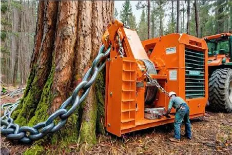 ابزارآلات غول پیکر؛ بیل مکانیکی زنجیر کت و کلفتشو میندازه دور درخت یکجا بکنه