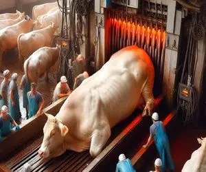 فرآوری گاو؛ گاو نر و با تکنولوژی 450 تنی کردن با تیغ پوست کندن استیکی برش زدن