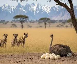 مستند حیات وحش؛ مجادله معاندانه شترمرغ با کفتار های بد قریحه برای حراست از تخم