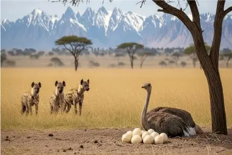 مستند حیات وحش؛ مجادله معاندانه شترمرغ با کفتار های بد قریحه برای حراست از تخم