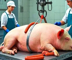 فرآوری خوک؛ خوک صورتی حرومی زنده رفت تو دستگاه چرخی کالباسی اومد بیرون