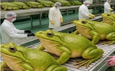 فرآوری قورباغه؛ قورباغه لجن دوست بعد کارواش پوستشو قلفتی میکنن عرضه میشه بازار غذا