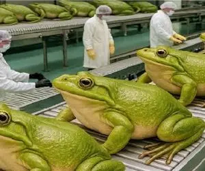 فرآوری قورباغه؛ قورباغه لجن دوست بعد کارواش پوستشو قلفتی میکنن عرضه میشه بازار غذا