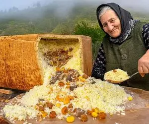 آشپزی روستایی؛ پخت شاه پلوی پر ملات توسط مادربزرگ خوش سلیقه
