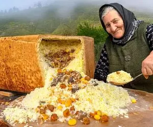 آشپزی روستایی؛ پخت شاه پلوی پر ملات توسط مادربزرگ خوش سلیقه