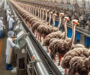 فرآوری شترمرغ؛ گردن شترمرغ‌ فرتوت و با داس میزنن پوستش دباغی میکنن میشه تیماج