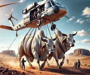 جابه جایی پر هیبت؛ گاو سفید هرکول و با هلیکوپتر میبرن سلاخخونه چرمش میکنن واسه کت