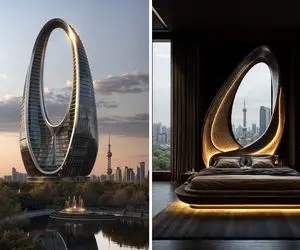 برج آبی الهام گرفته از کیف دستی/ القای حس پیشرفت با ظاهری مدرن و فاصله از سنت