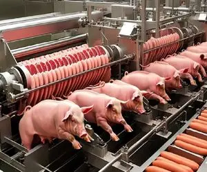 فرآوری خوک؛ بعد کندن پوست خوک قلمبه صورتی درسته میذارن دستگاه سوسیس تحویل بده