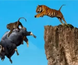 جذابیت حیات وحش / خودکشی میون و گاومیش دد برای فرار از چنگال ببر سفاک