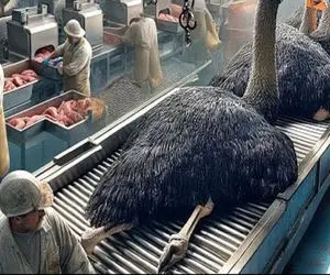 فرآوری شتر مرغ؛ پوست شتر مرغ دباغی میکنن واسه چرم ماشین گوشتش هم میشه قرمه سبز