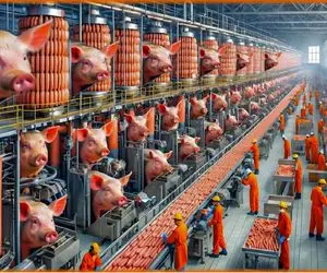 فرآوری خوک؛ بعد از فربه شدن خوک ها با اره برقی شکم این حرومیارو پاره میکنن