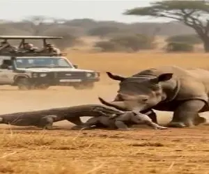 مستند حیات وحش؛ کرگدن، کومودو بدسگال رو که قصد شکار بچه اش داشت ابتر کرد