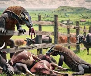 بدایع حیات وحش؛ کومودو سفاک بوفالو مسلول و بلعید گیر کرد تو حلقش ریخت بیرون