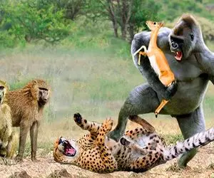 صحنه دهشتناک؛ گوریل برای نجات بچه آهو دم شیرو کند خون فواره زد کرکس اومد خورد