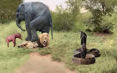شاهکار حیات وحش؛ فیل، شیر سفیدِِ تو مخی رو انداخت جلو گرگ تا درس عبرت بقیه شه