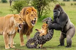 مستند حیات وحش؛ گوریل خشمگین پیتون دد را به زانو درآورد تا توله شیر نفس بکشد