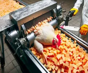 کارخانه حیوانات؛ مرغ زنده رو انداخت تو دستگاه مکعبی برش زد برای فروش میلیاردی