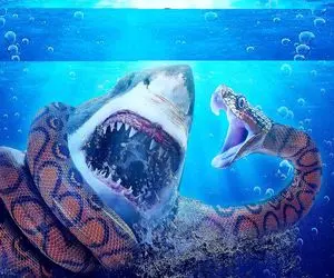 صحنه دهشتناک؛ پیتون غول دوزیست شد پیچید دور کوسه سفاک بلعیدش توان خزیدن نداشت