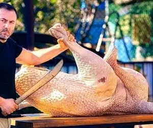 غذای روستایی ؛ پخت هیجان انگیز گوشت شتر مرغ که با روده گاو حسابی چرب و چییلی شده 