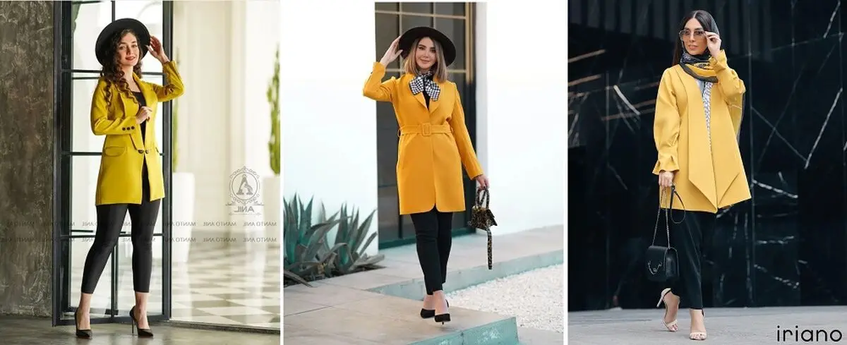 مانتوی زرد با شلوار مشکی