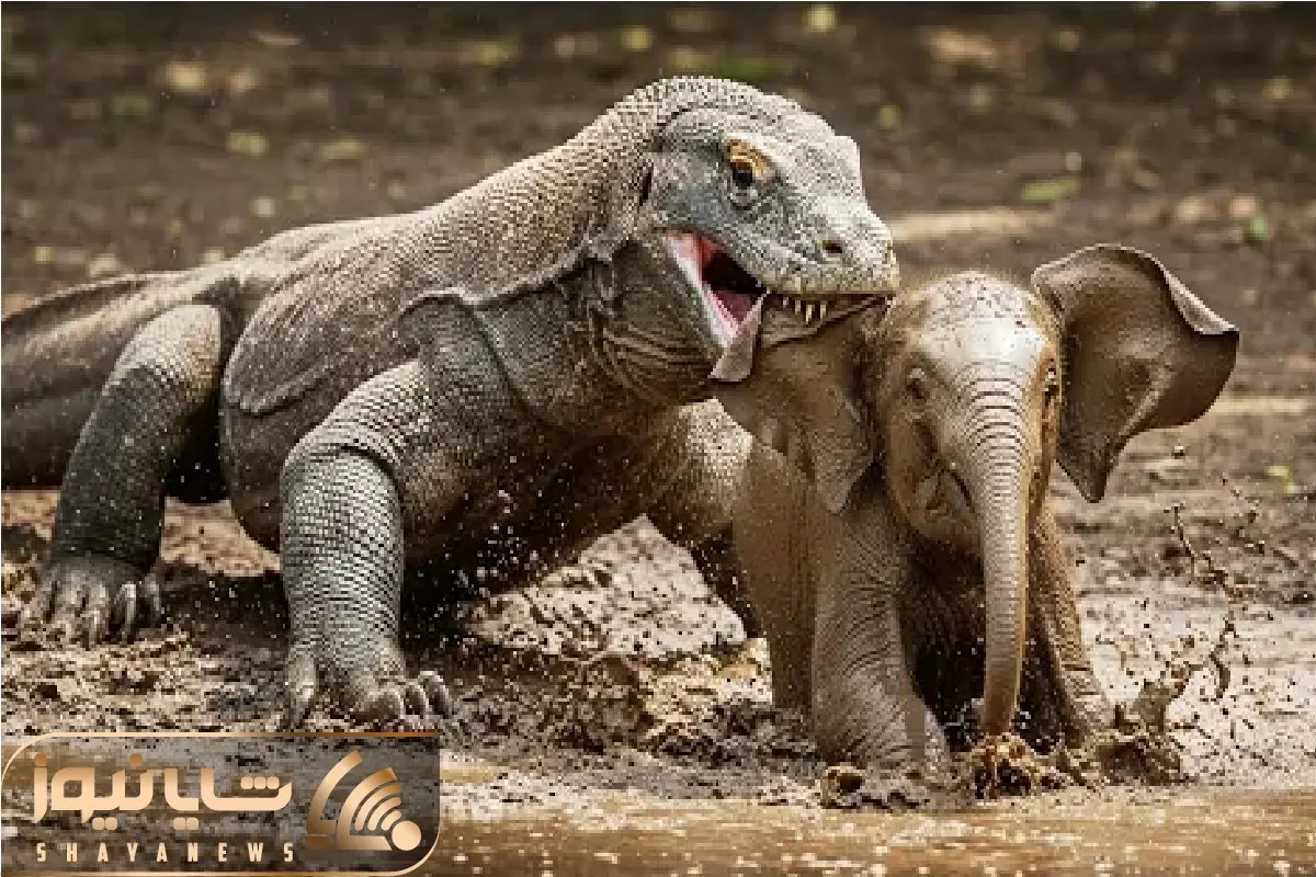 حیات وحش بی مروت؛ کومودو ازازیل تا دید بچه فیل مثل خر گیر کرده چپاولش کرد