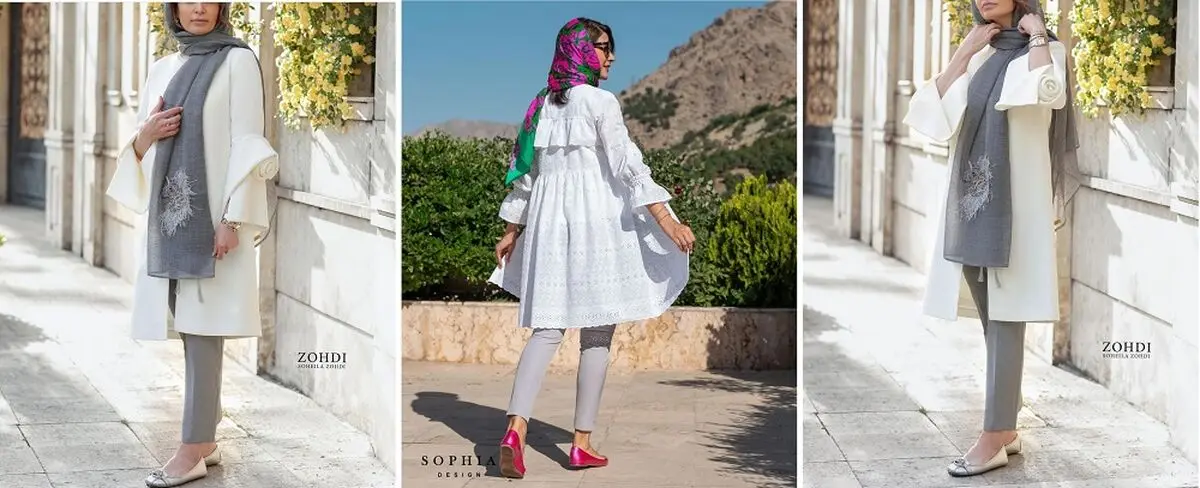 مانتوی سفید با شلوار طوسی