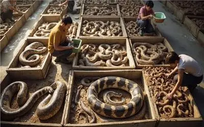 فرآوری مار؛ مار از تخم غول میکنن سرشو ببرن سوپشو بار کنن ببرن بازار غذا