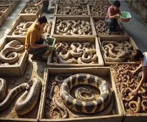 فرآوری مار؛ مار از تخم غول میکنن سرشو ببرن سوپشو بار کنن ببرن بازار غذا