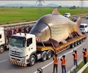 جابه‌جایی جانکاه؛ ماهی غول پیکر 250 تنی رو با تریلی بردن واسه شرحه شرحه شدن