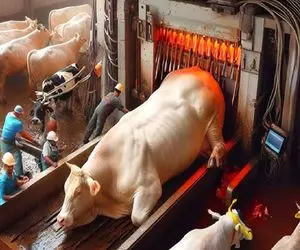 فرآوری گاو؛ گاو سفید غول زنده رو  میذاره تو دستگاه اسلایس شده تحویل میگیره