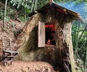 معماری خلاقانه؛ آقاهه 2 روزه تو تنه درخت واسه خودش یه کلبه ساخت شاهانه