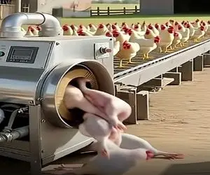 فرآوری مرغ؛ مرغ ها با دستگاه مخصوص بدون درد و خون ریزی ذبح و پر چینی میشن