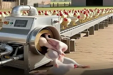 فرآوری مرغ؛ مرغ ها با دستگاه مخصوص بدون درد و خون ریزی ذبح و پر چینی میشن